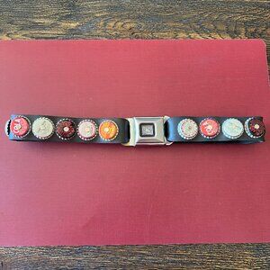 Vintage Soda Bottle Cap Unisex Belt with GM Seat Belt Clasp, Size Medium